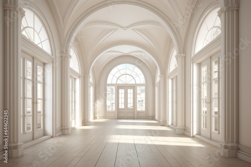 The vast white room is filled with grand arched windows and architectural symmetry  inviting in the soft natural light that gleams off the smooth walls and floors  creating a majestic arcade of colum