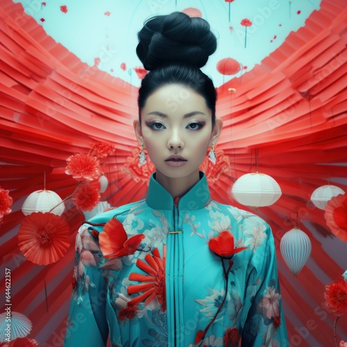 A woman stands gracefully in a vivid blue kimono adorned with intricate floral designs, her delicate shimada hairstyle and red obi robe adding to the timeless beauty of the traditional geisha photo