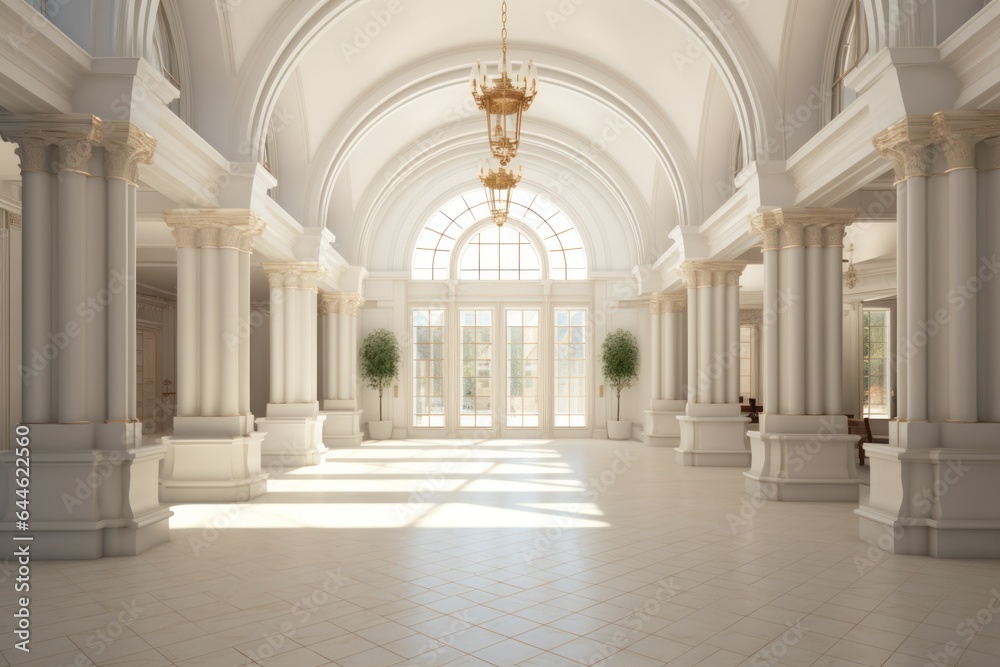 A grand lobby filled with majestic columns and a glittering chandelier sparkles with architectural beauty, creating an awe-inspiring atmosphere of symmetry and art