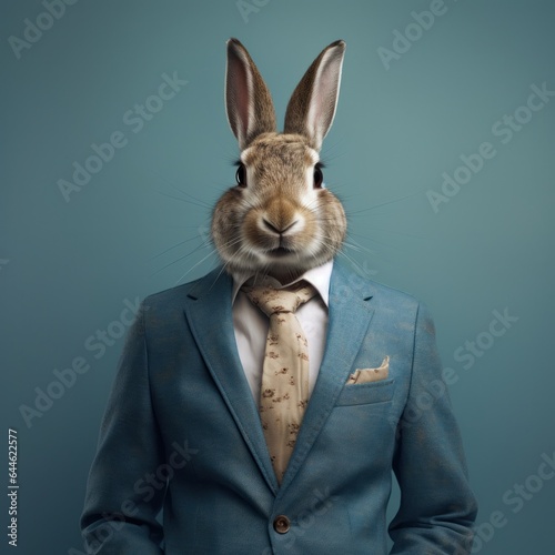 A sophisticated bunny stands proudly against a wall in a crisp suit and tie, conveying a sense of boldness and confidence © mockupzord