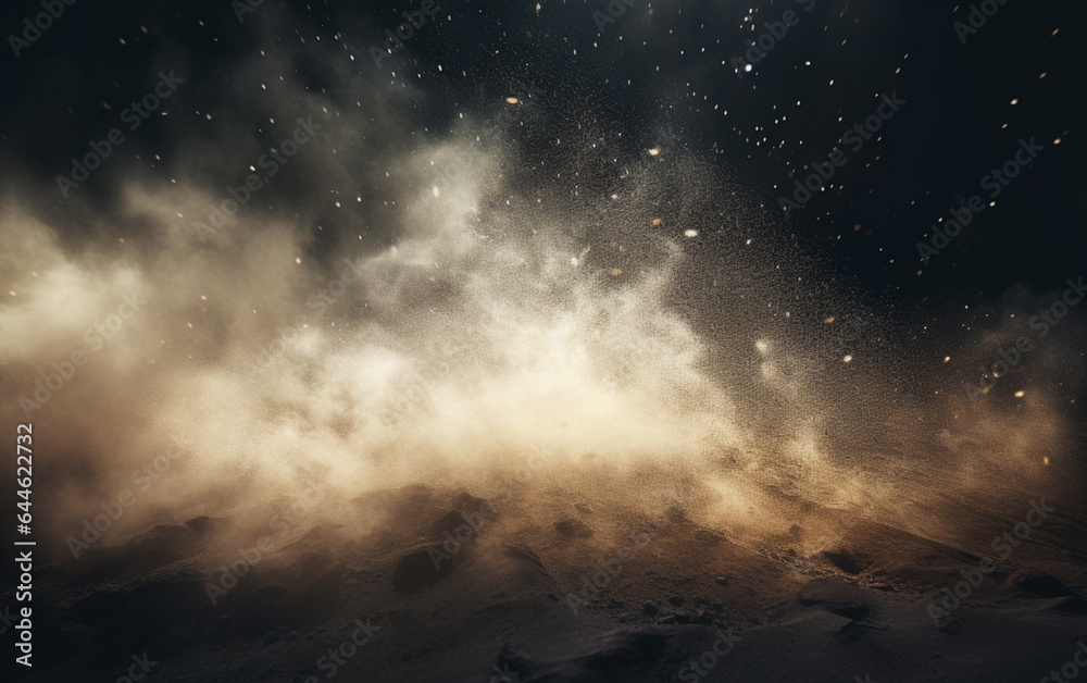Fototapeta premium Background flying dust grains in a dark room with a dark dark background, Empty walls, particles lights, smoke, glow, rays