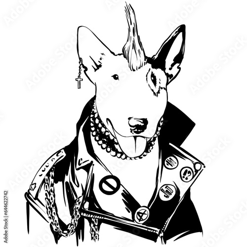  bull terrier Dog in Punk leather jacket with Iroquois hairstyle and piercing.. Rock style animal line monochrome sketch. simple design for t-shirt print
