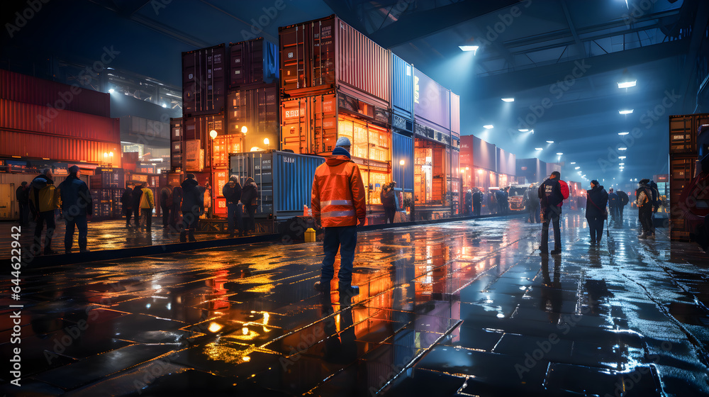 Workers in a port of loading with containers at night. Stevedores in charge of loading and unloading cargo from ships. Colored containers. Generative ai