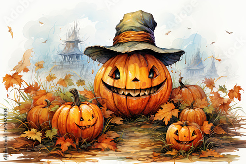 Watercolor illustration of creepy Halloween pumpkin with a toothy grin in a witch hat among small pumpkins and autumn foliage