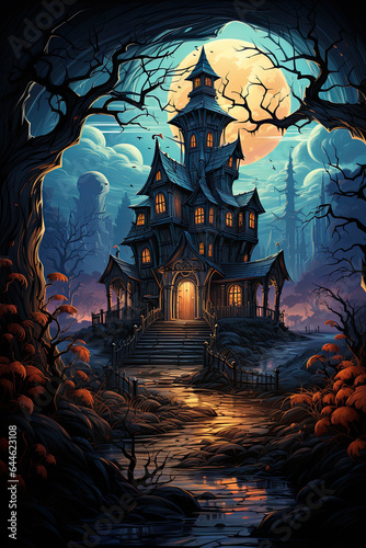 Illustration of a scary Gothic house with glowing windows under a full moon in a sinister forest