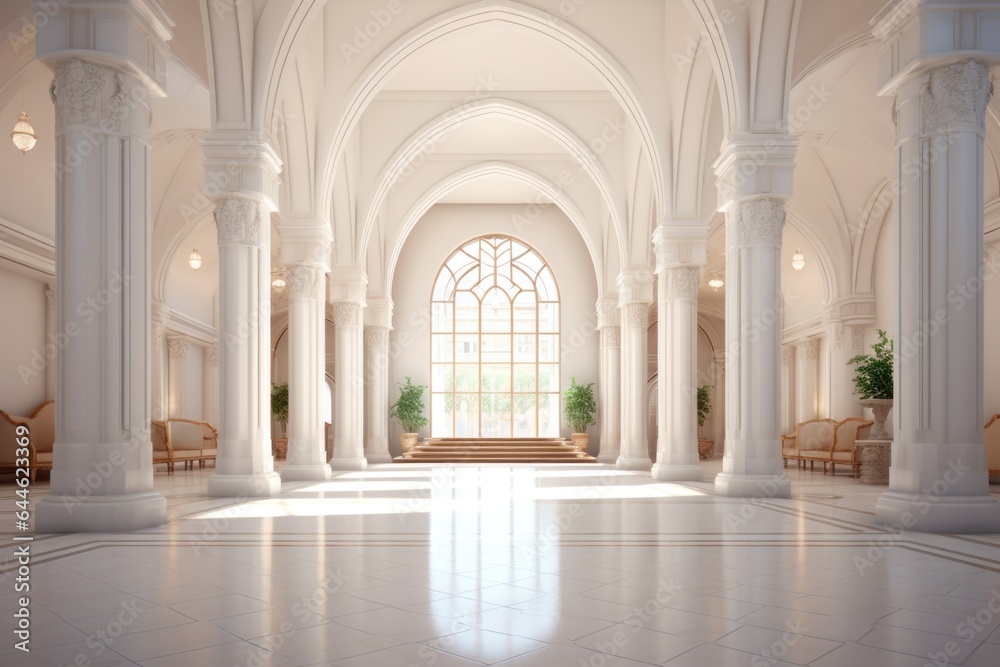 A breathtakingly symmetrical indoor lobby of majestic architecture with majestic columns, intricate molding, and a grand archway window radiating a soft white light throughout the room