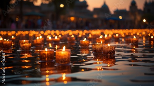 Tranquil riverbank with gently floating Diwali lamps