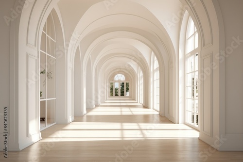 As i wander down the majestic, symmetrical hallway of this grandiose indoor building, i am in awe of its intricate architecture, from the arched windows to the ornate moldings and ceilings, like a gr