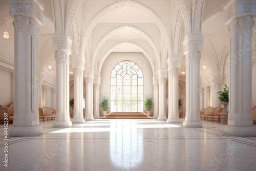 A breathtakingly symmetrical indoor lobby of majestic architecture with majestic columns  intricate molding  and a grand archway window radiating a soft white light throughout the room