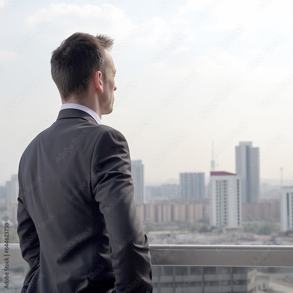 Tired back view of office man looking at sky with city background. Created with generative AI technology Tired back view of office man looking at sky with city background. Created with generative AI technology