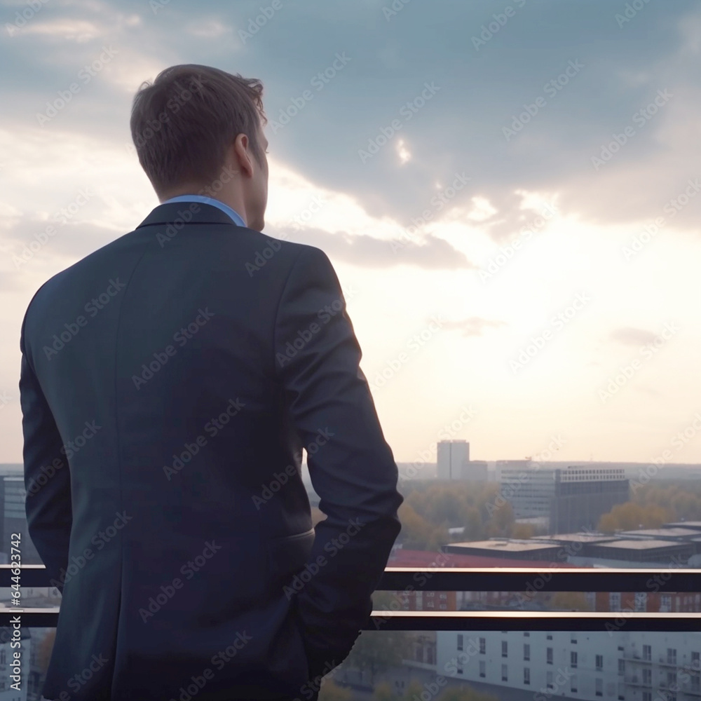 Tired back view of office man looking at sky with city background. Created with generative AI technology Tired back view of office man looking at sky with city background. Created with generative AI technology