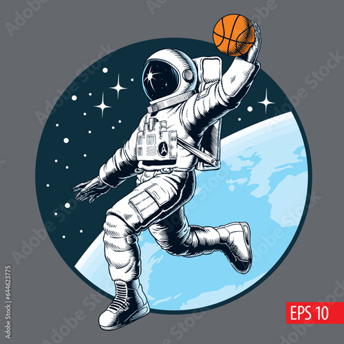 Astronaut playing basketball in outer space, stars and planet on the background. Good for poster, banner or t-shirt design. Vector illustration.