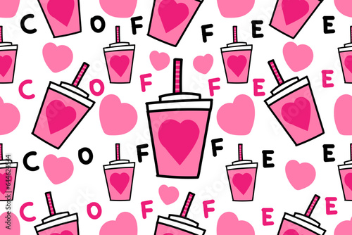Cute and lovely pink coffee cup. Coffee writing, drinks. Girly colors. Trendy, stylish, fashionable, seamless vector pattern for design and decoration. 