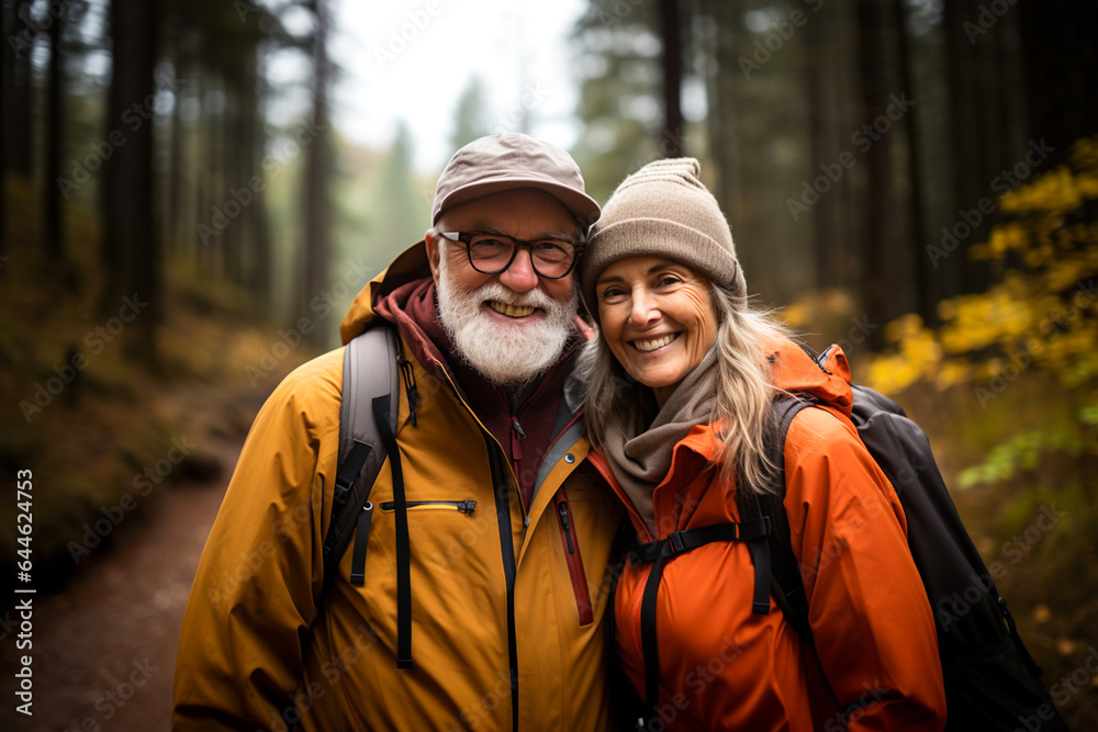 Romantic elderly healthy lifestyle concept. Senior cheerful active smiling mature couple walks looks happy in the park with hiking modern backpacks, in afternoon autumn day, happily retired
