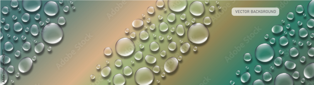 Abstract Vector Background with Transparent Water Drops on Bright Colorful Gradient.