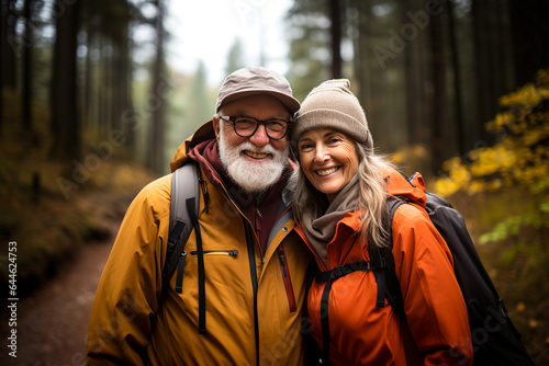 Romantic elderly healthy lifestyle concept. Senior cheerful active smiling mature couple walks looks happy in the park with hiking modern backpacks  in afternoon autumn day  happily retired