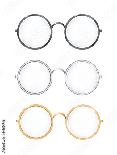 Round Golden, Silver and black frame glasses set isolated, Transparent Sunglasses Accessory. Optics lens vintage Trendy Glasses. Vector