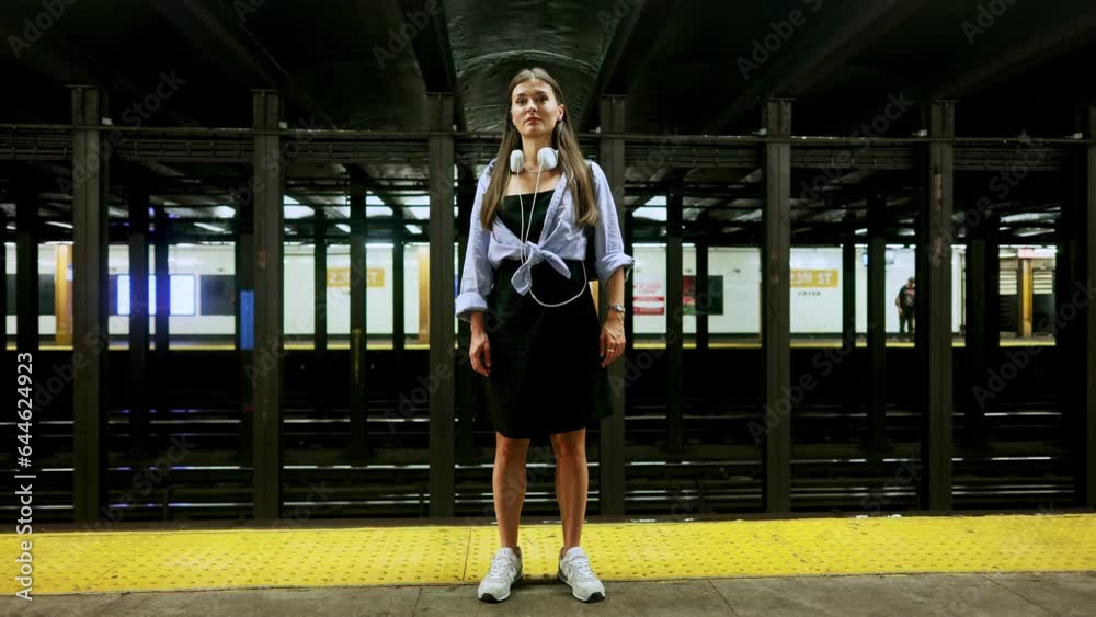Portrait of successful caucasian woman with headphones in metro. Young woman in casual clothes, employee at underground train station looks at camera and smiles modestly. Travel in public transport. Portrait of successful caucasian woman with headphones in metro. Young woman in casual clothes, employee at underground train station looks at camera and smiles modestly. Travel in public transport.