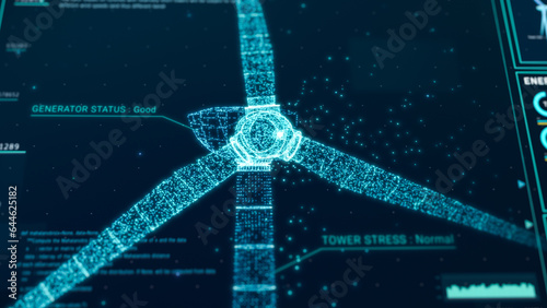 Futuristic wind turbine energy control center interface design, digital data network battery management system, green renewable power technology software, engineering iot HUD information 3d rendering