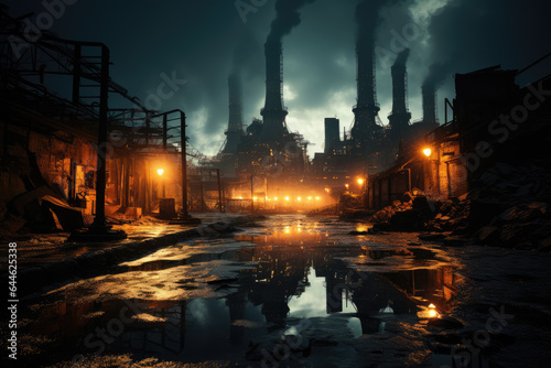 Large steel plant during a thunderstorm