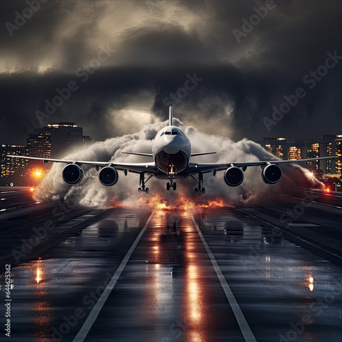 avión despegando de la pista de despegue iluminada en noche tormentosa generando gran cantidad de humo, con la ciudad al fondo