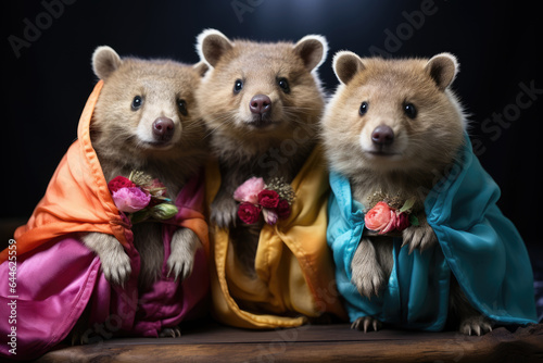 Creative animal concept. Quokka in a group, vibrant bright fashionable outfits isolated on solid background advertisement, copy text space. birthday party invite invitation banner © Kateryna