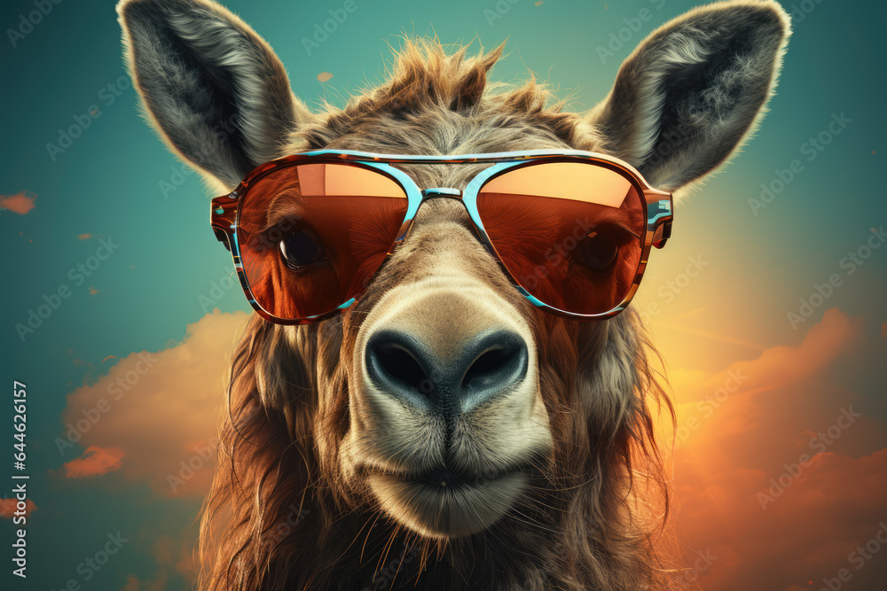 Creative animal concept. Moose in sunglass shade glasses isolated on solid pastel background, commercial, editorial advertisement, surreal surrealism