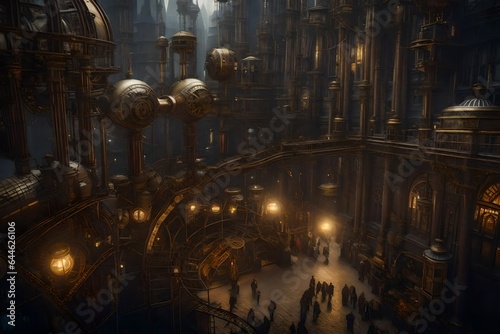 a bustling steampunk city with towering brass skyscrapers  intricate clockwork mechanisms  and airships soaring above - AI Generative