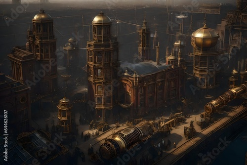 a bustling steampunk city with towering brass skyscrapers, intricate clockwork mechanisms, and airships soaring above - AI Generative