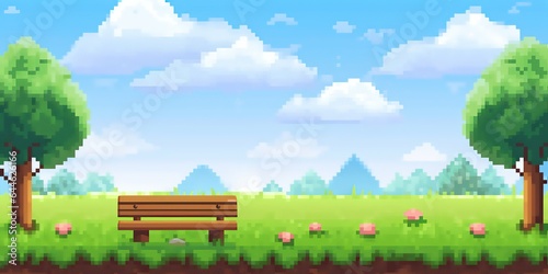 Pixel art arcade game scene with trees, clouds, board, stones, 8bit background. Tree and bush pixel style vector illustration landscape with sky grass and ground. Green plants for 2D game decor.