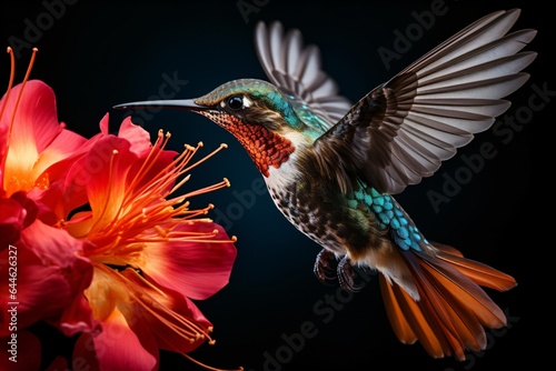 exotic colibri, hummingbird on a flower, tropic garden with beautiful multicolor bird