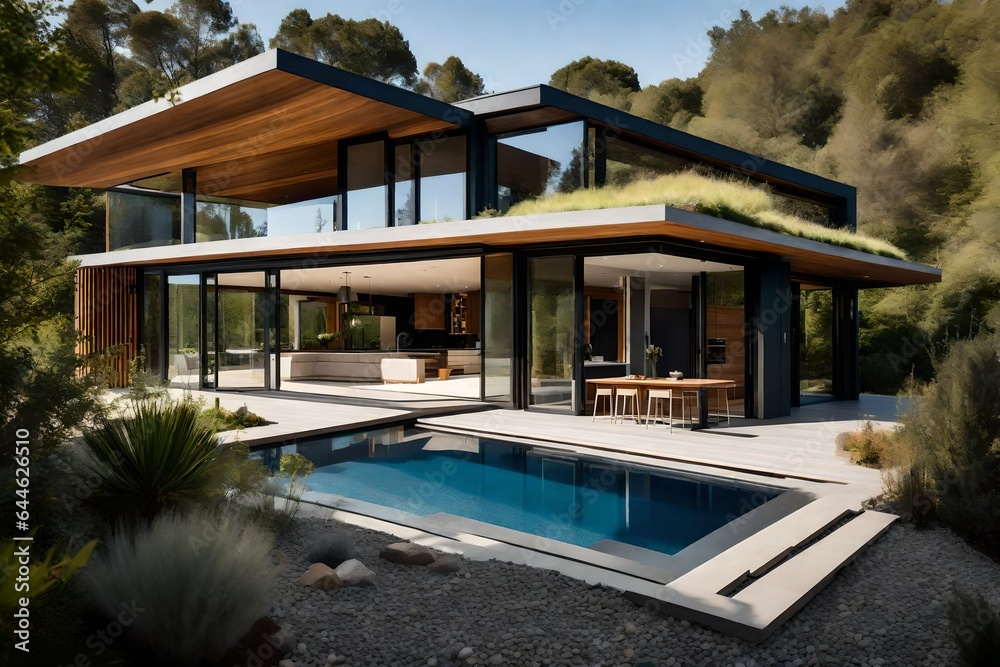 a cutting-edge modern eco-friendly house, an architectural marvel that seamlessly integrates sustainability with contemporary design - AI Generative