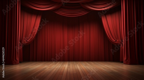 Empty theater stage with wood plank floor and open red curtains 