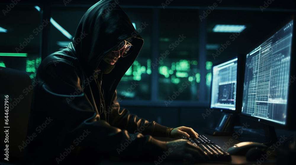Hacker coding at night cybersecurity concept. 