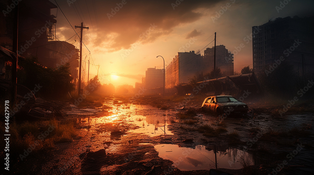 photo shoot, postapocalyptic end of the world, sunset, burning city. Generative AI - obrazy, fototapety, plakaty 
