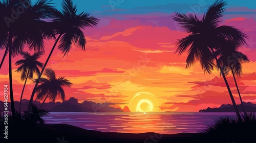 Tropical sunset with palm trees silhouette and beautiful dusk colorful sky background. Illustration AI 