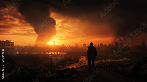 photo shoot  postapocalyptic end of the world  sunset  burning city. Generative AI