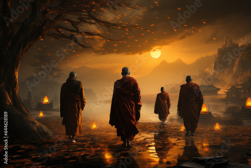 Creative editorial Concept. Stunning landscape of monks with umbrellas walking in nature. illuminated with dynamic composition and dramatic lighting