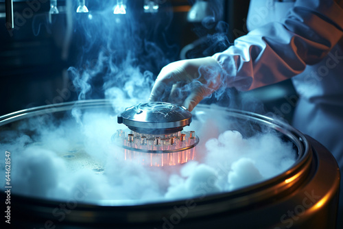Close-up hand working with liquid nitrogen from cryogenic tank at sciences laboratory. High tech medical lab equipment used in vitro fertilization process. IVF treatment. Artificial insemination photo