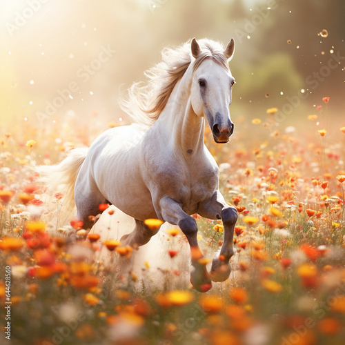 A horse running through a flowery meadow