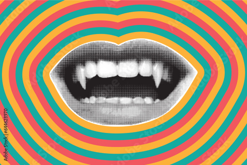 Banner in pop art style vampire mouth with fangs. Collage element in trendy halftone retro style, bright autumn colors, halloween.