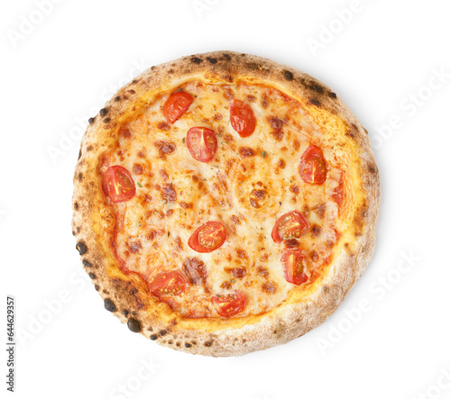 Tasty pizza Margarita with tomatoes on white background
