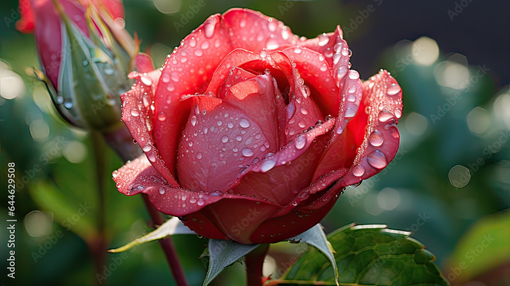 A single rosebud with morning dew drops. AI generative A single rosebud with morning dew drops. AI generative