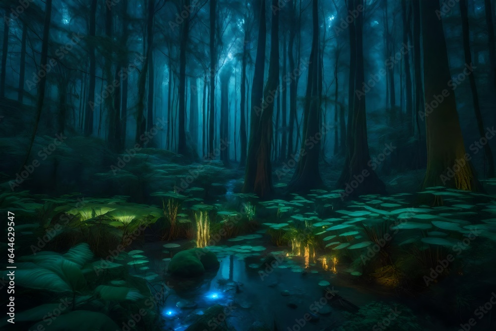 an image of a mystical, enchanted forest bathed in the soft glow of bioluminescent plants - AI Generative
