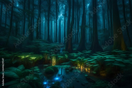 an image of a mystical  enchanted forest bathed in the soft glow of bioluminescent plants - AI Generative