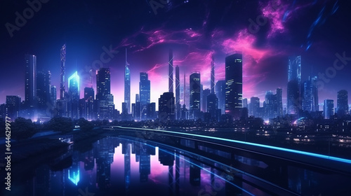 city glowing colorful neon at night cyberpunk style made with generative AI