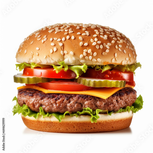 Tasty burger isolated on white background fresh hamburger fast food with beef, vegetables and cheese 