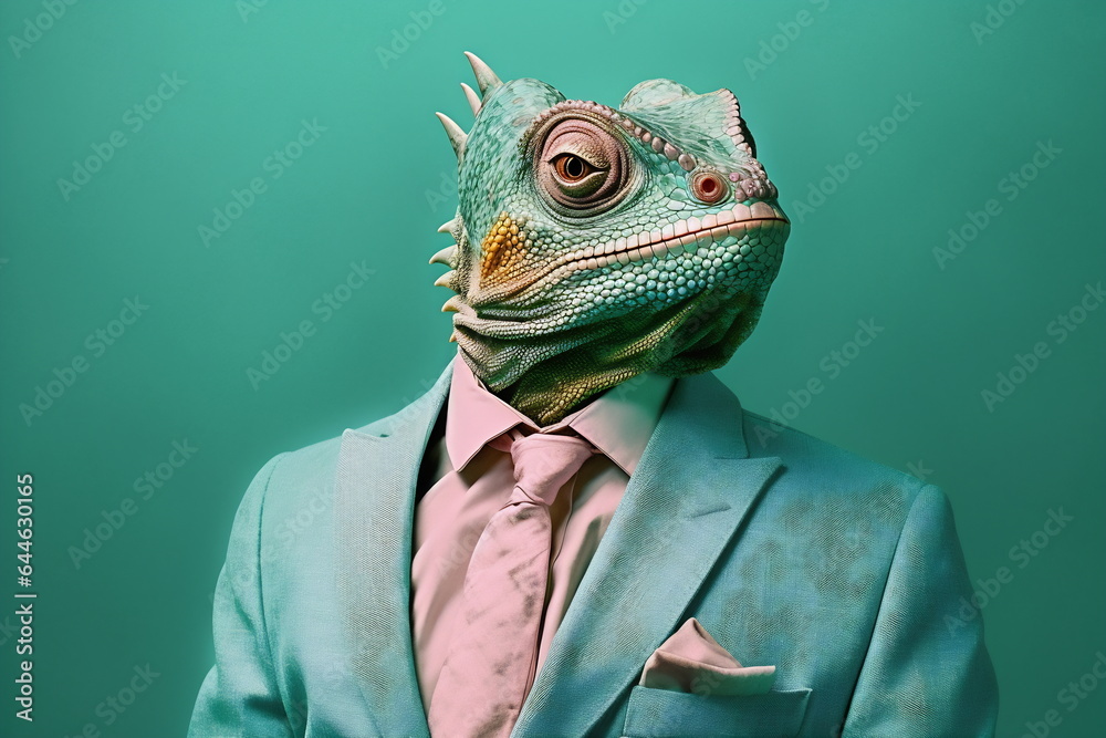 Chameleon in a green jacket and tie Chameleon in a green jacket and tie