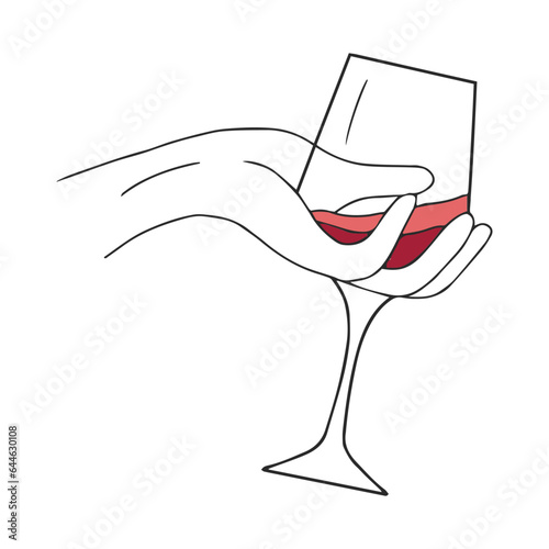 Female hand holding a glass with red wine. Vintage engraving stylized drawing. Vector illustration