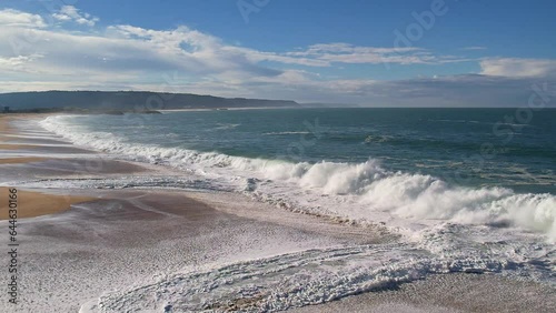 Beautiful aerial view of the large Nazare Beach. Portugal